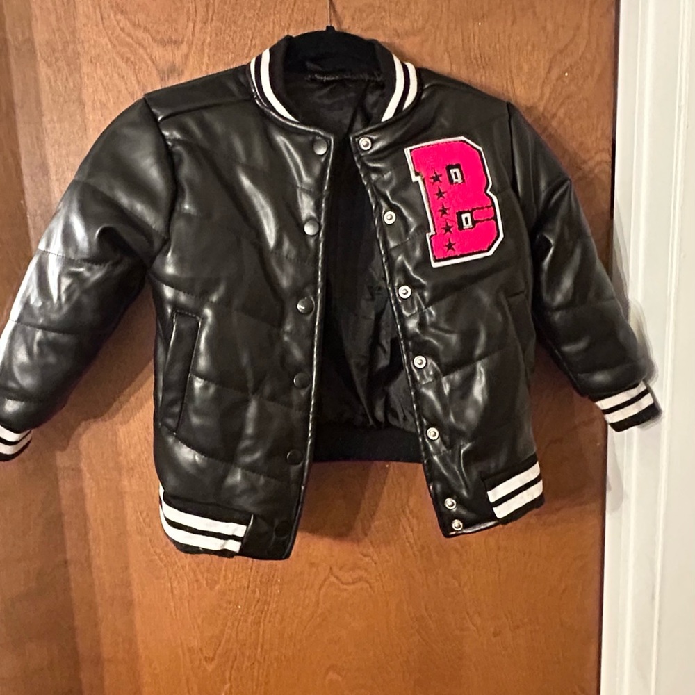 Trendy Girls Black Varsity Jacket with Pink Letter Patch size 5/6
